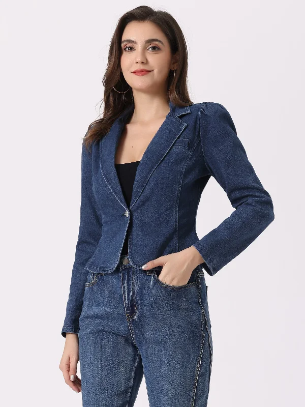 Notched Lapel One Button Long Sleeve Denim Blazer Jean Jacket